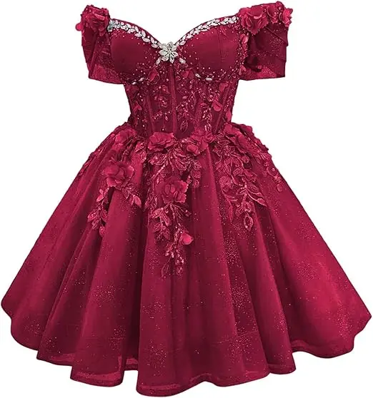 Robe de bal courte Celestia à corset et épaules dénudées, ornée de perles et de dentelle - Image 5