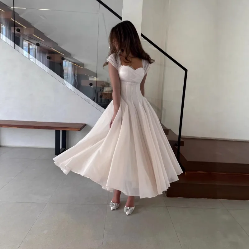Summer Sexy Square Neck Corset Waist A-Line Tea-Length Dress for Wedding - Eye-Catching Gown for Women - Image 4