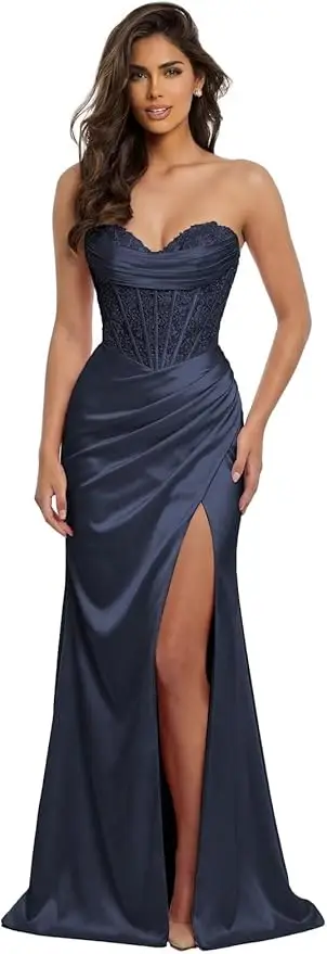 Pink Mermaid Prom Dresses Sweetheart Lace Strapless High Side Slit Formal Evening Party Gowns Corset - Image 12