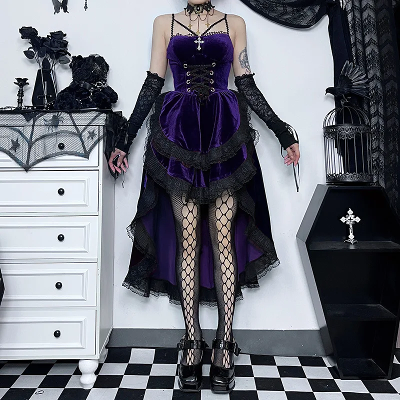 High Low Cut Swallow Tail Lace Bodice Dress Strap Y2K Corset Bustier Women Sexy Dark Gothic Costume Sling Strap Sleeveless Dress - Image 16