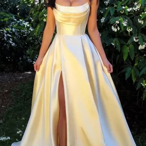 Strapless Corset Prom Dresses for Women with Slit Long Satin Formal Evening Gowns with Pockets Elegant Sleeveless Party Dress