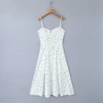 White Floral Print Cross Lacing up Bandage Back Sling Dress Women Corset Style Bow Ruched Chest Hem Slit Swing Midi Robe