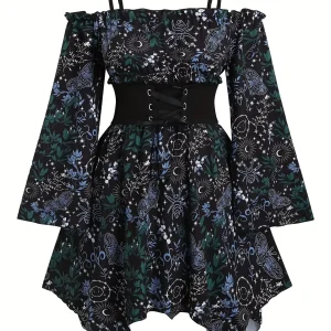 Large Size Bohemian-Style Women's Corset Dress Off-Shoulder Full-Body Print Asymmetrical Hem Flared Sleeve for Casual Wear