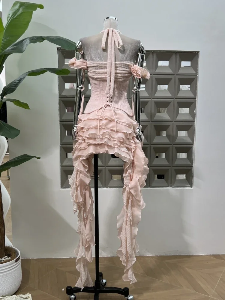 Ruffles Draped Dress Three Piece Sets Sexy Halter Neck Folds Ruffled Dress+Lace-up Corset Top+Shorts Suits Party Cocktail - Image 19