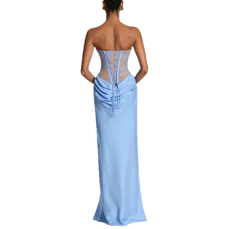 Burgundy Strapless Lace Corset Mermaid Gown Ruched Satin Waist Evening Party Dress Women Formal Cocktail Maxi - Image 6