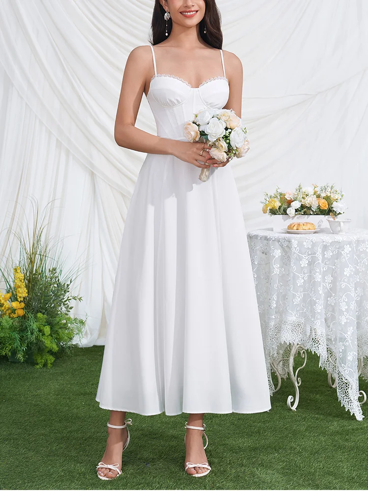 White Corset Wedding Midi Dress Elegant Summer Spaghetti Strap A-Line Bridal - Image 4
