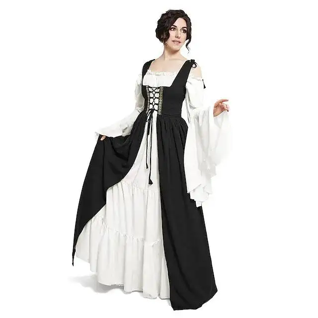 Medieval Court Style Long Sleeve Corset Dress with Off-Shoulder Batwing Sleeves and Flared Long Skirt - Image 22