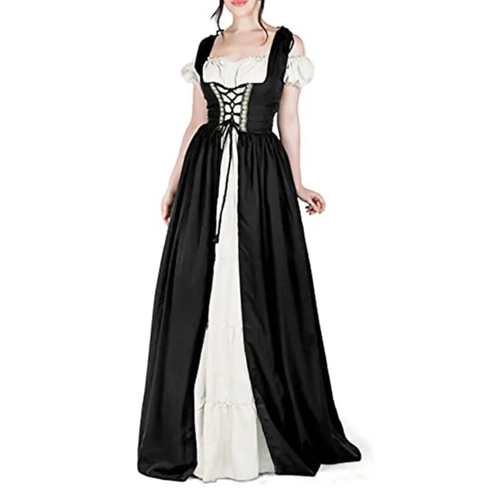 Medieval Court Style Long Sleeve Corset Dress with Off-Shoulder Batwing Sleeves and Flared Long Skirt - Image 6