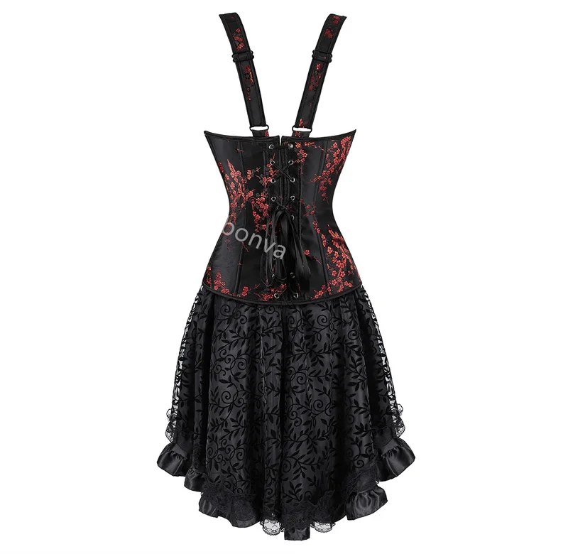 Red Corset Dress Women Skrit Set Shoulder Strap Lace Costume Party Sexy Burlesque Halloween Basques Outfit Plus Size Black - Image 4