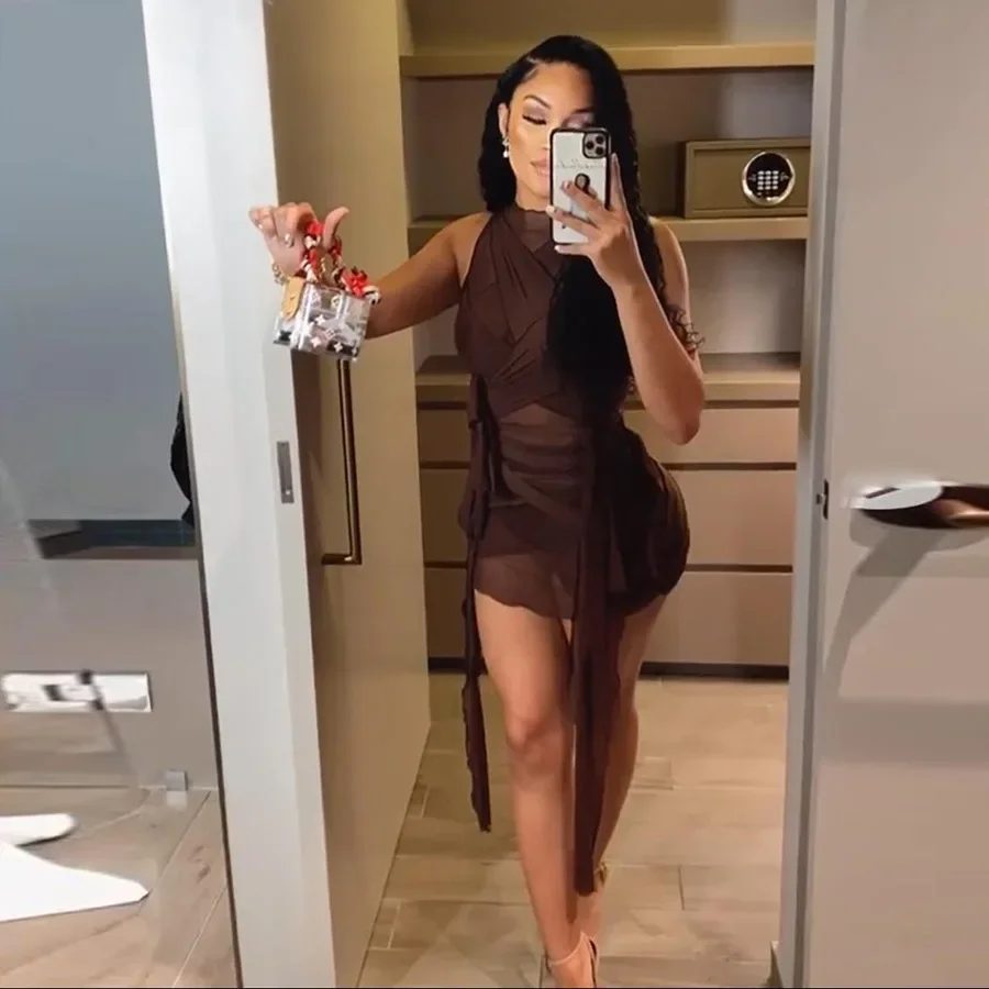 Bangniweigou Ribbon Wrap Up Draped Mesh See Through Bandage Dress Women Mummy Tie Up Bodycon High Waist Short Brown Dresses - Image 2