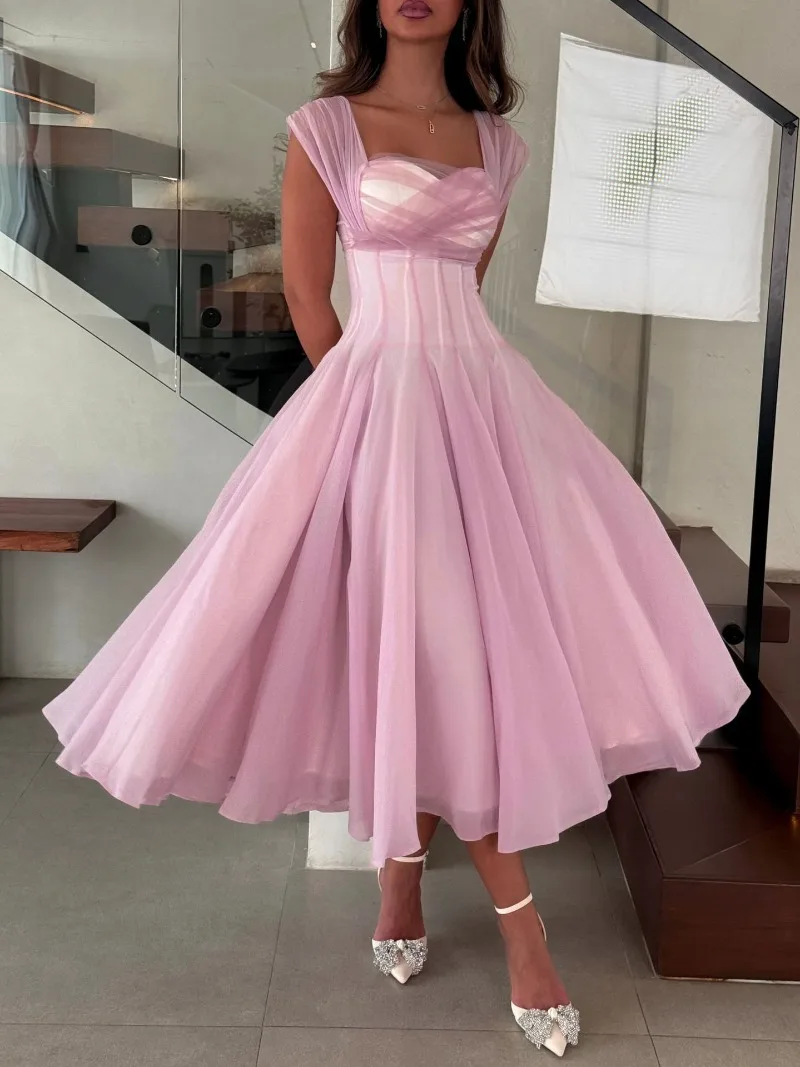 Summer Sexy Square Neck Corset Waist A-Line Tea-Length Dress for Wedding - Eye-Catching Gown for Women - Image 10