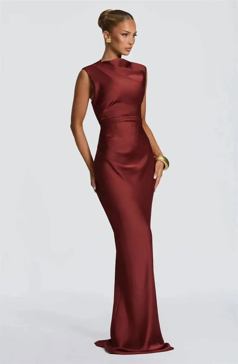 Satin Cowl Neck Mermaid Maxi Dress Women Elegant Sleeveless Draped Ruched Bodycon Long Evening Party Gown Vestidos - Image 9