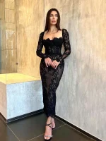 Black Lace Mermaid Evening Dress Long Sleeve Corset Strapless Prom Dresses