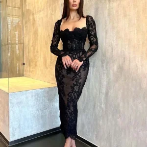 Black Lace Mermaid Evening Dress Long Sleeve Corset Strapless Prom Dresses