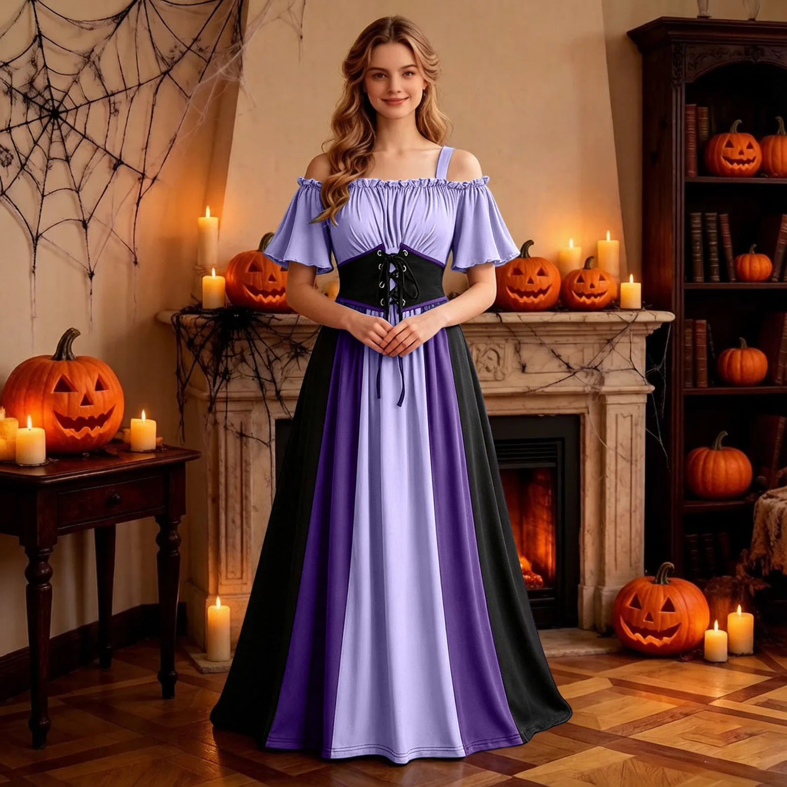 Women Medieval Renaissance Gothic Maxi Dress Off Shoulder Short Sleeve Lace Up Corset Waist Party Gown Halloween Cosplay Costume - Image 11