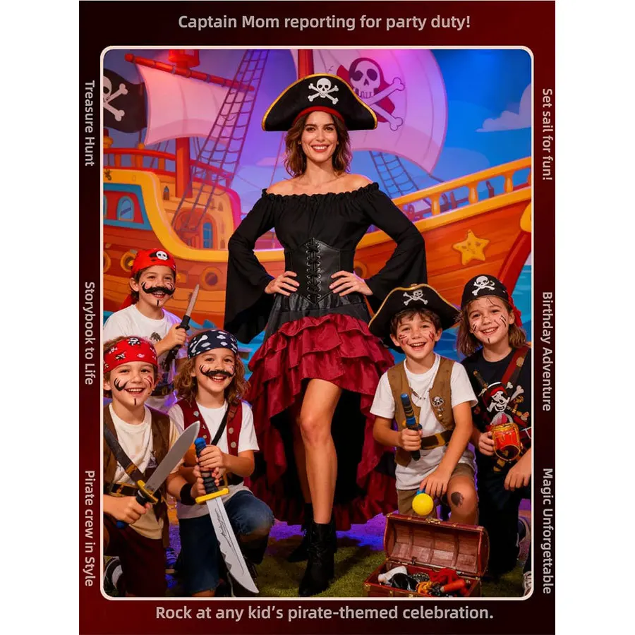 Pirate Captain Costume - Retro Embroidered Corset & Ruffled Layered Skirt Set - Sexy Buccaneer Wench Outfit for - Image 12