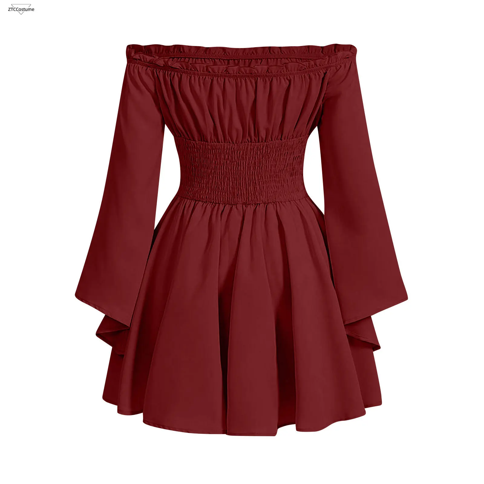 Women Rens Faire Cosplay Off Shoulder Mini Dress Medieval Renaissance Dress with Bell Sleeves Corset Waist Pixie Dress - Image 3