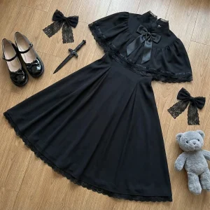 Slim Lace Dress Women High Street Vintage Bow Thin Black Dresses