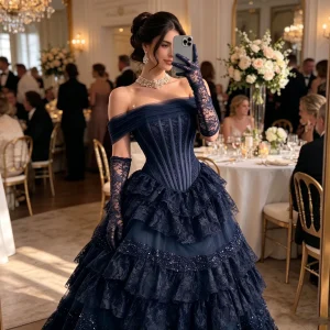 Navy Blue Off Shoulder Tulle Corset Ball Gown Floral Lace Multi Layer Ruffled Skirt Glitter Sequin Trim Vintage Princess