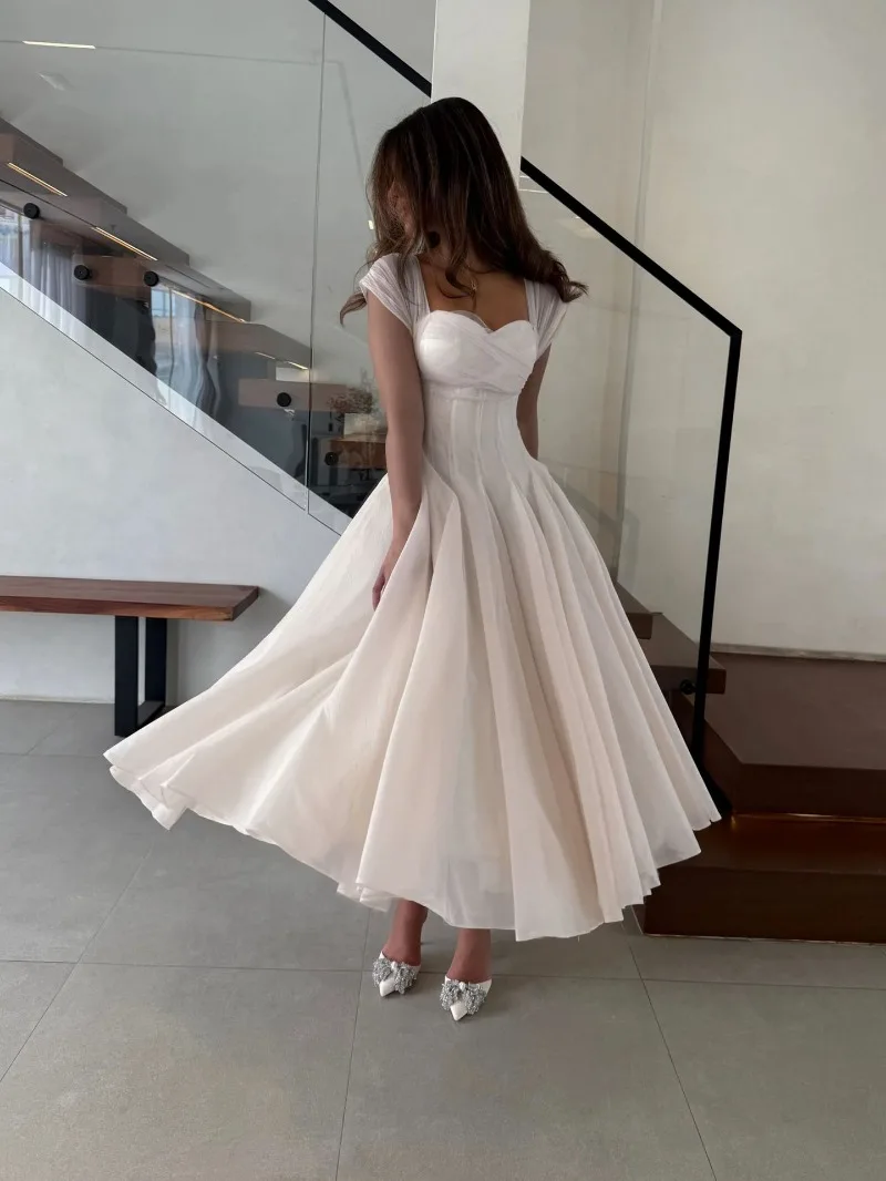 Summer Sexy Square Neck Corset Waist A-Line Tea-Length Dress for Wedding - Eye-Catching Gown for Women - Image 17