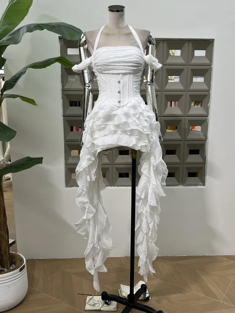 Ruffles Draped Dress Three Piece Sets Sexy Halter Neck Folds Ruffled Dress+Lace-up Corset Top+Shorts Suits Party Cocktail - Image 11