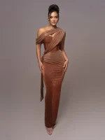 Long Dress Women Brown Corset Sparkly Backless Bodycon Maxi Dresses