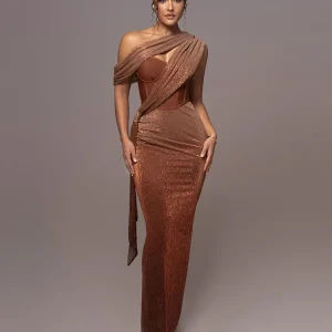 Long Dress Women Brown Corset Sparkly Backless Bodycon Maxi Dresses