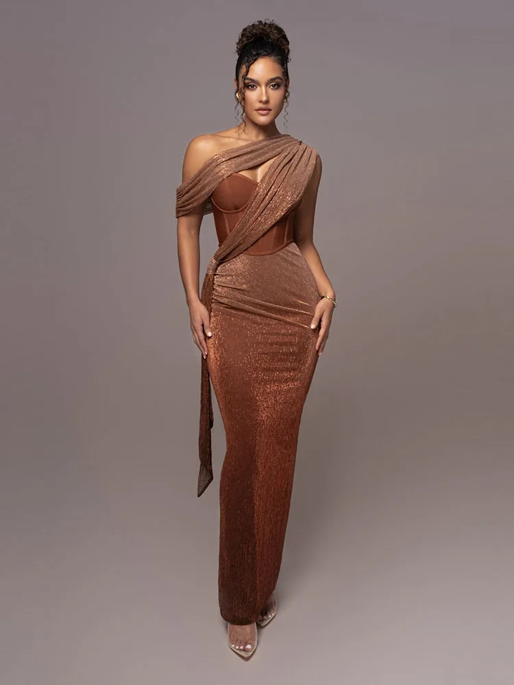 Long Dress Women Brown Corset Sparkly Backless Bodycon Maxi Dresses