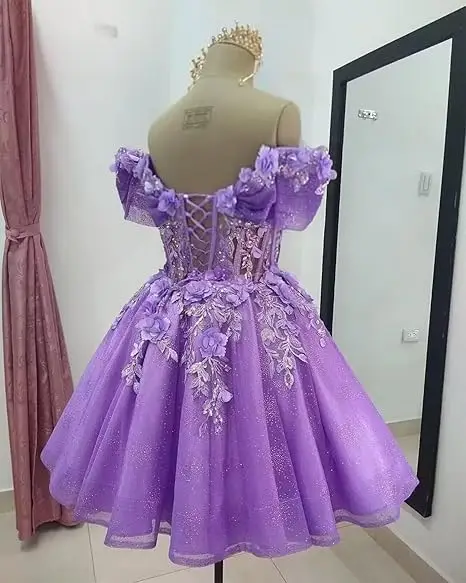 Robe de bal courte Celestia à corset et épaules dénudées, ornée de perles et de dentelle - Image 2