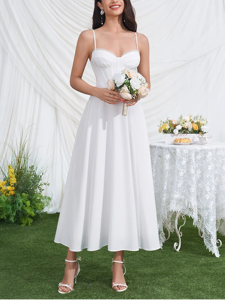 White Corset Wedding Midi Dress Elegant Summer Spaghetti Strap A-Line Bridal - Image 10