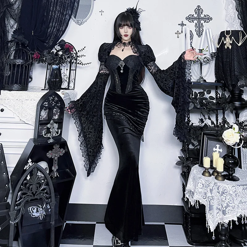 AltGoth Aesthetic Gothic Party Dress Women Vintage Palace Style Fairycore Grunge Elegant High Waist Lace Patchwork Velevt Dress - Image 8