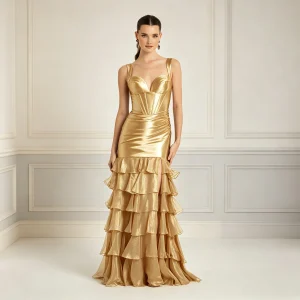 Wide Strap Sweetheart Corset Mermaid Dress Tiered Ruffle Slit Satin Chiffon Prom Evening Gown