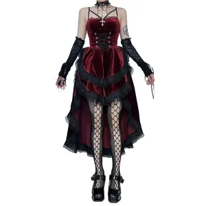 High Low Cut Swallow Tail Lace Bodice Dress Strap Y2K Corset Bustier Women Sexy Dark Gothic Costume Sling Strap Sleeveless Dress