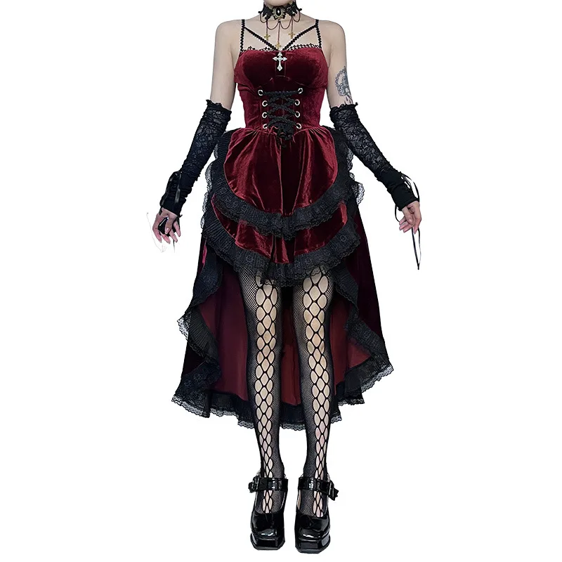 High Low Cut Swallow Tail Lace Bodice Dress Strap Y2K Corset Bustier Women Sexy Dark Gothic Costume Sling Strap Sleeveless Dress