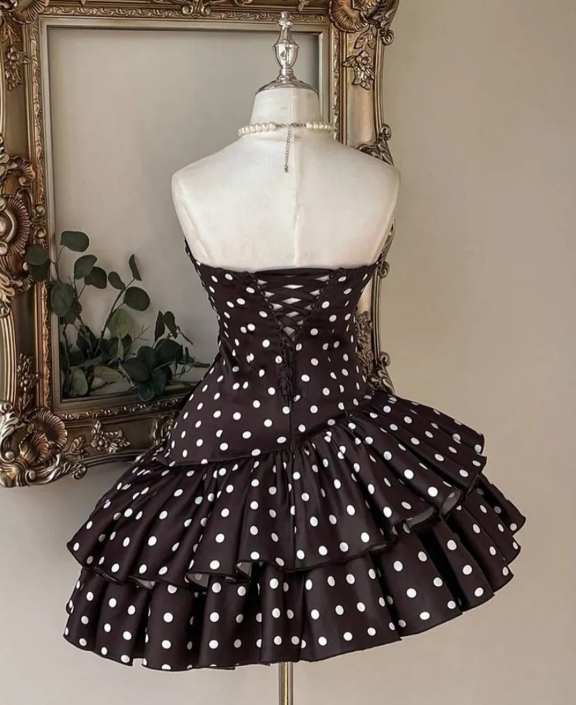 Black White Polka Dot Satin Strapless Mini Dress Sweetheart Ruched Corset Lace Up Back Tiered Ruffle Skirt Short Prom Gown - Image 7