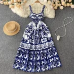 Red Blue and White Print Spaghetti Strap Holiday Maxi Dress Summer Runway Floral Print Vacation Long Robes