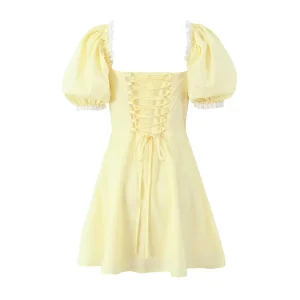 style Mini Dress Women Cross Lacing up Bandage Back Short Puff Sleeve