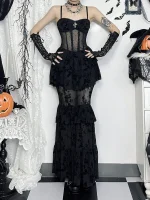 Gothic Midi Dress Women Streetwear  Sexy Aesthetic Spaghetti Strap Flocking See Through Corset Dresses