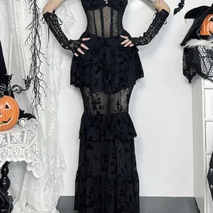 Gothic Midi Dress Women Streetwear  Sexy Aesthetic Spaghetti Strap Flocking See Through Corset Dresses