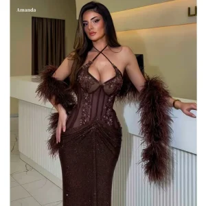Brown Halter Lace Corset Prom Dress