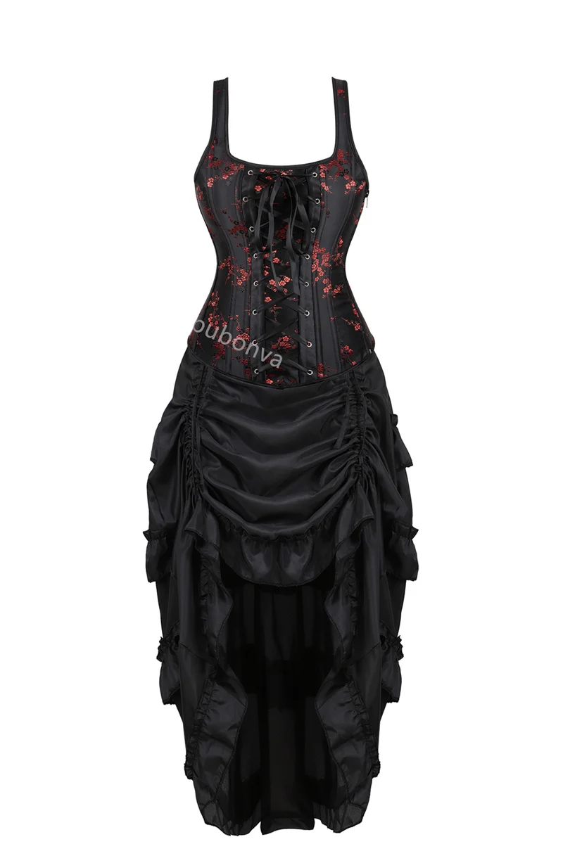 Red Corset Dress Women Skrit Set Shoulder Strap Lace Costume Party Sexy Burlesque Halloween Basques Outfit Plus Size Black - Image 9