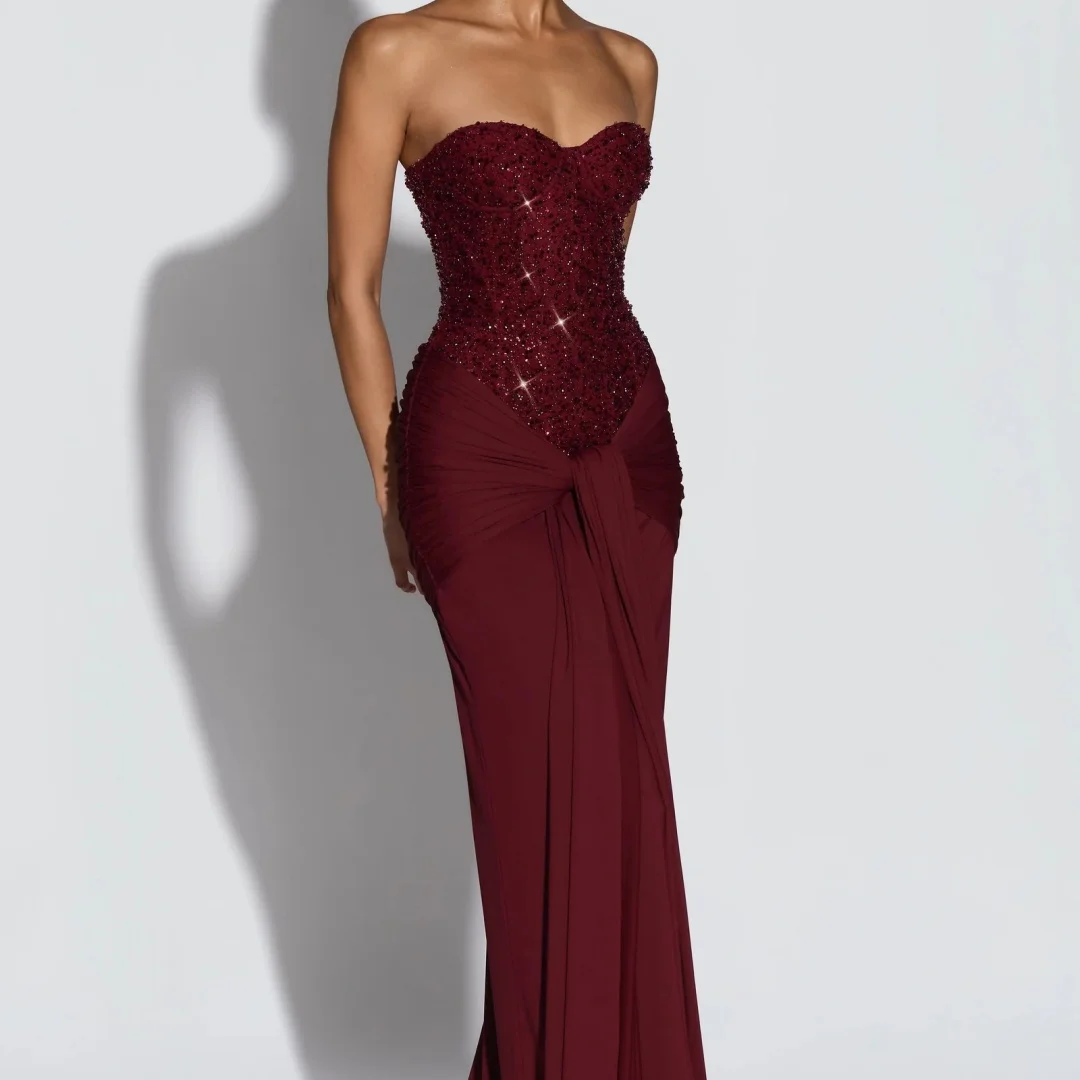 Burgundy Sweetheart Neck Prom Dress Beaded Corset Bodice Ruched Floor Length Party Dresses robes de soirée - Image 3