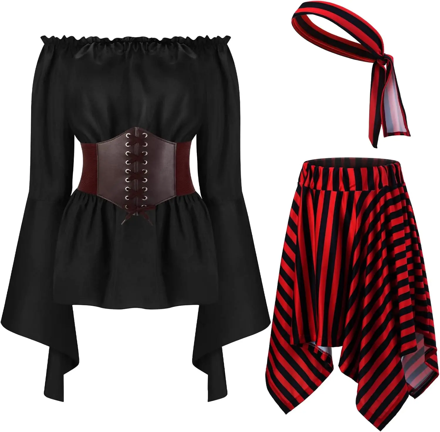 Halloween Womens Pirate Costume Renaissance Pirate Blouse Tops Corset Waist Belt Pirate Skirt for Halloween Party 4 Pcs - Image 9