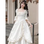 White Puff Sleeve Square Neck Lace Ruffle Corset Dresses Women Lace Up Ruffle Hem Maxi Dress