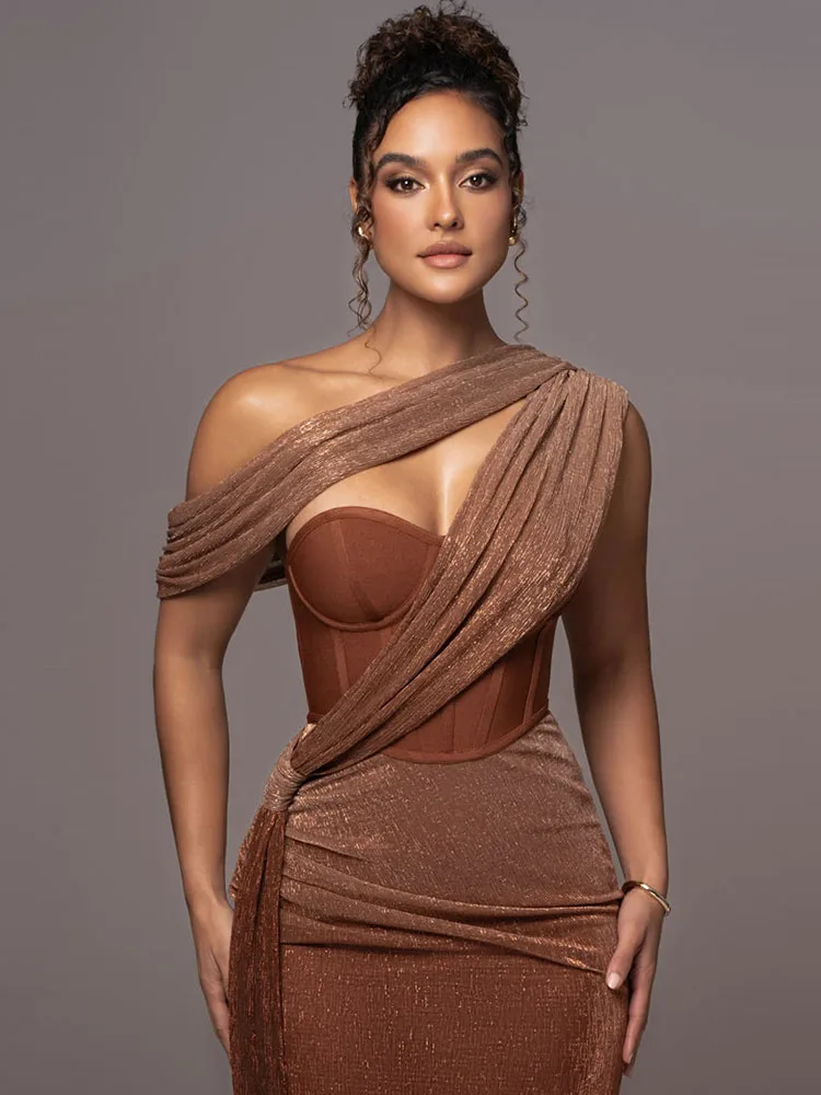 Long Dress Women Brown Corset Sparkly Backless Bodycon Maxi Dresses - Image 4