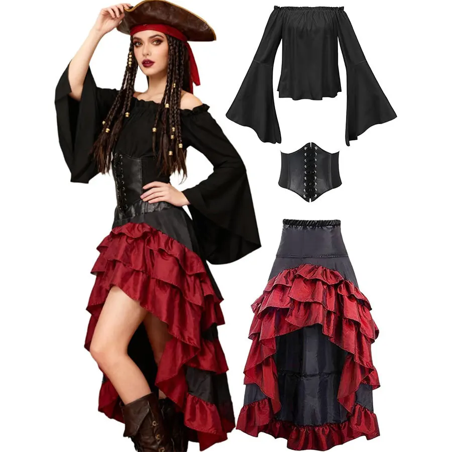 Pirate Captain Costume - Retro Embroidered Corset & Ruffled Layered Skirt Set - Sexy Buccaneer Wench Outfit for - Image 8