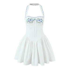 Sexy Backless Halter Embroidery White Dress For Women Elegant A-line Low Waist Mini Dresses