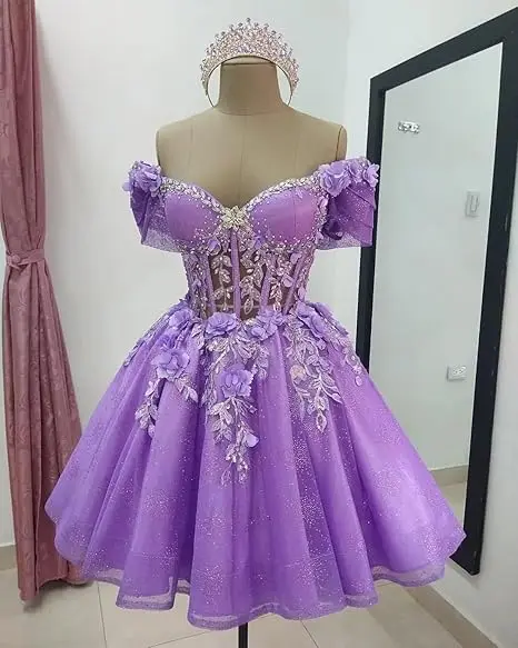 Robe de bal courte Celestia à corset et épaules dénudées, ornée de perles et de dentelle - Image 7