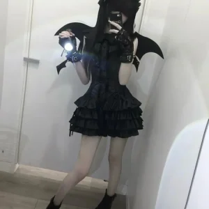 Gothic Lolita Black Mini Dress Women Sleeveless Corset Waist Tiered Ruffle Lace Trim A Line Dark Elegant Halloween