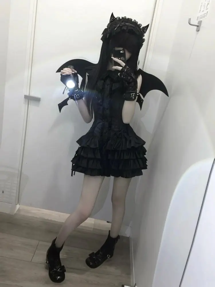 Gothic Lolita Black Mini Dress Women Sleeveless Corset Waist Tiered Ruffle Lace Trim A Line Dark Elegant Halloween